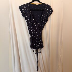Boden Navy Wrap Blouse with White Polka Dots